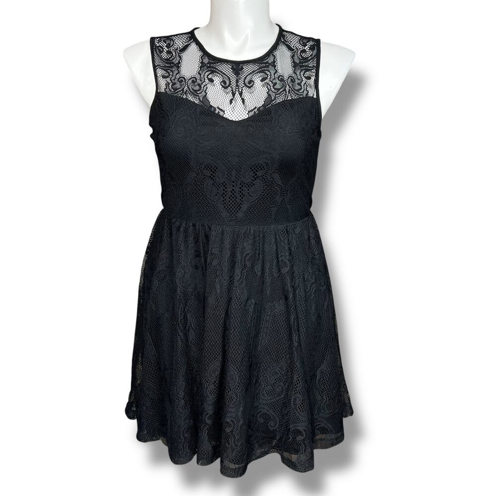 Express Womens Party Dress Fit & Flare Sheer Lace Bodice Back Black Large